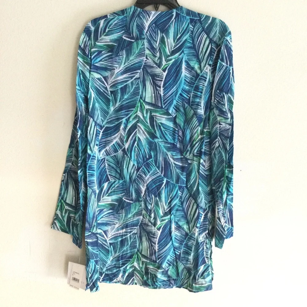 LA BLANCA NWT Sketched Leaves Long Sleeve Tunic Swim Cover-Up Medium